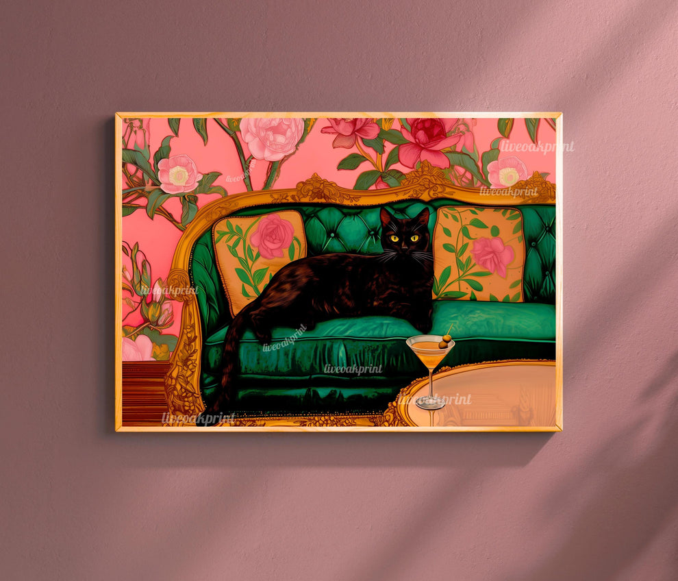 Black Cat with Martini Art Print