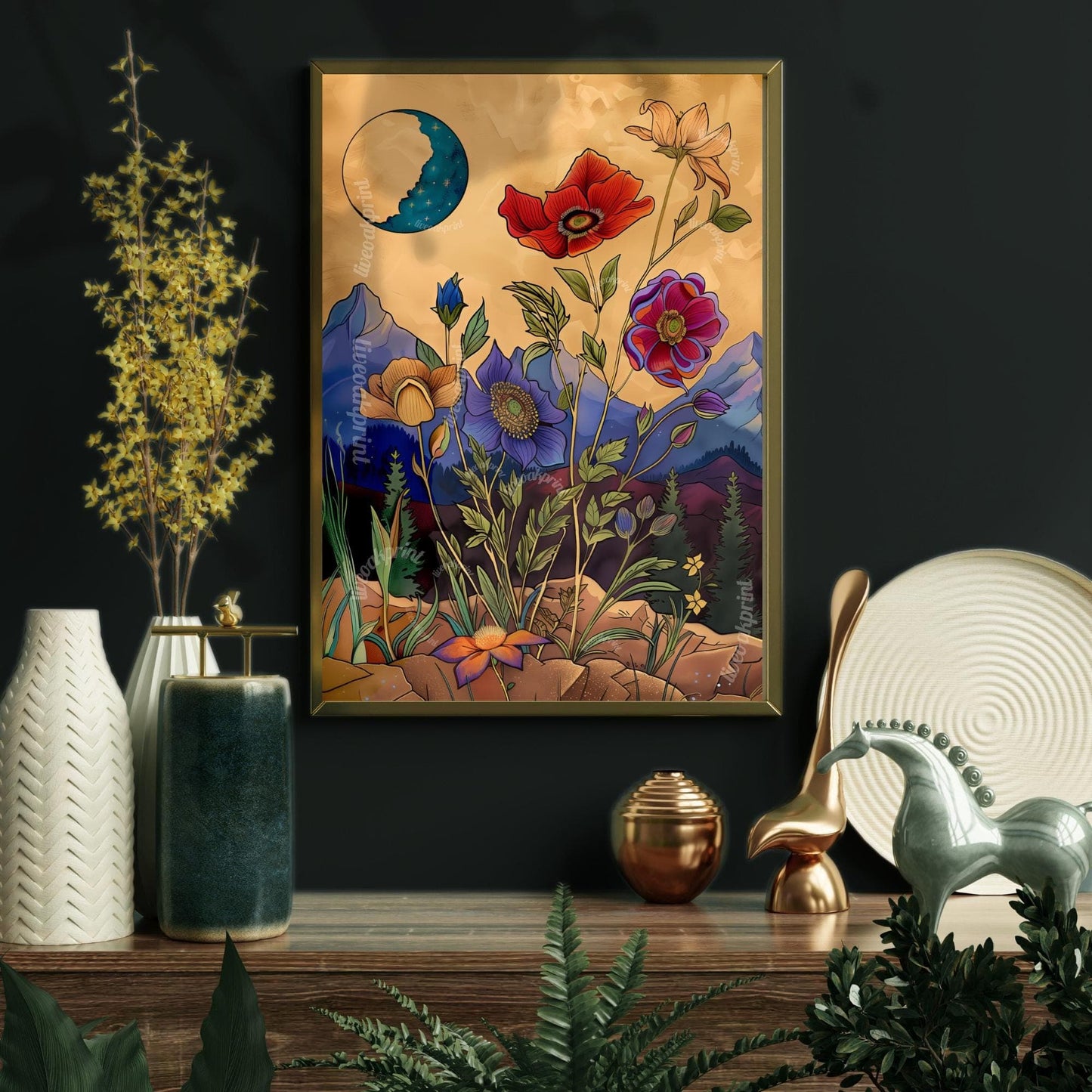 Whimsical Flowers and Moon Art Print