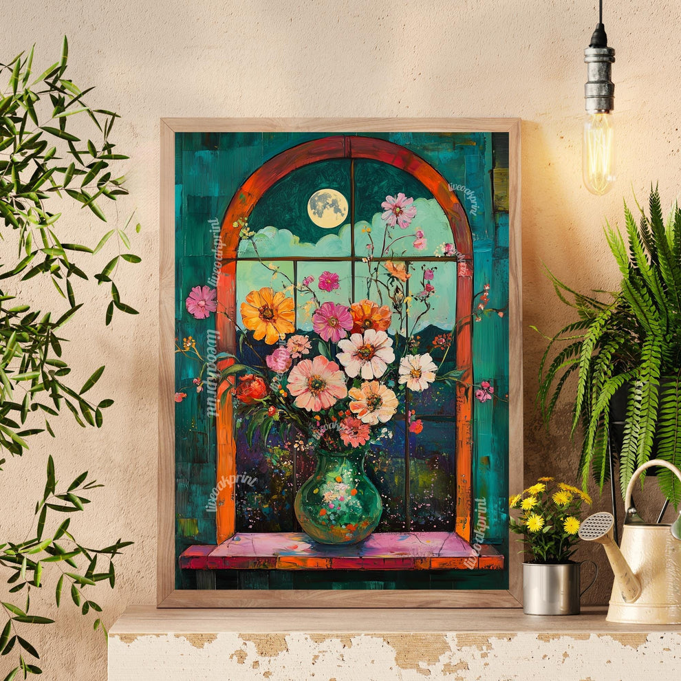 Impressionist Flowers and Mystical Moon
