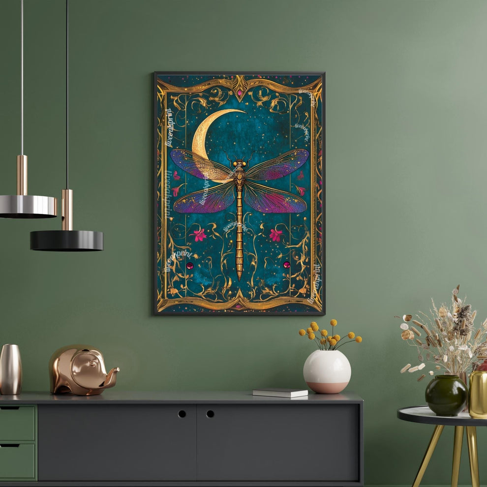 Vintage Dragonfly and Moon Wall Art