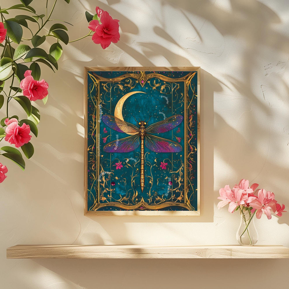 Vintage Dragonfly and Moon Wall Art