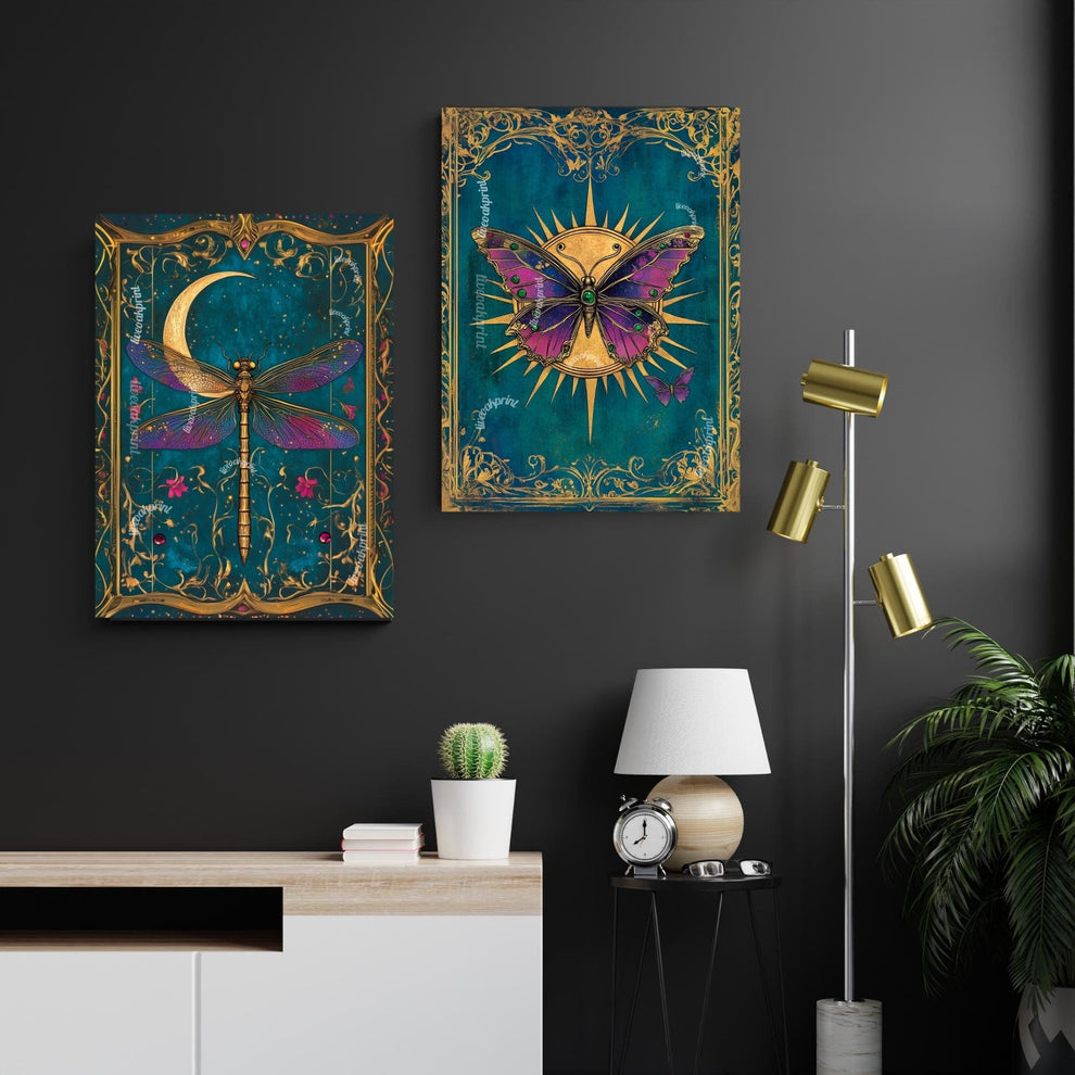 Vintage Dragonfly and Moon Wall Art