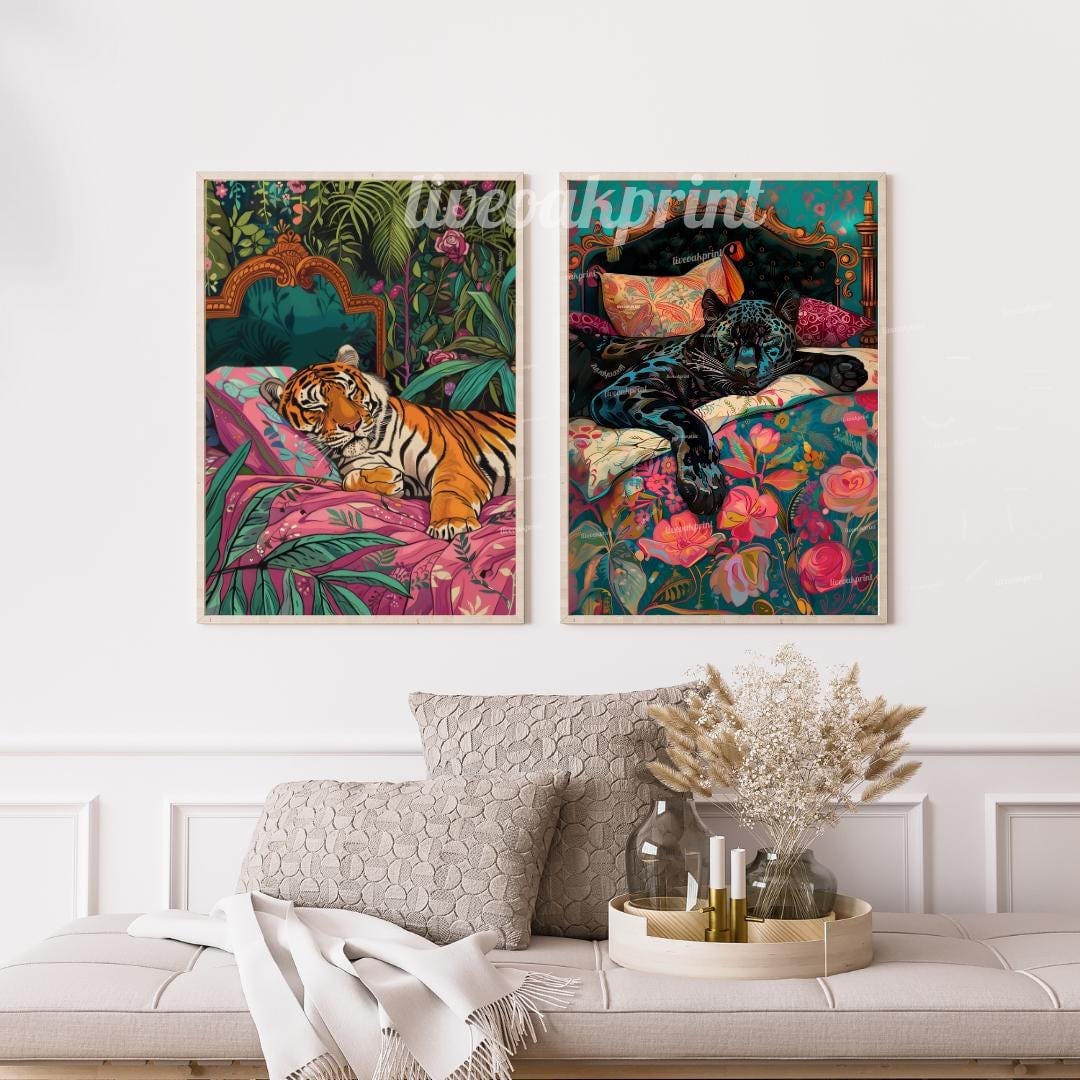 Set Of Two Prints - Tiger and Puma Sleeping Bedroom Art