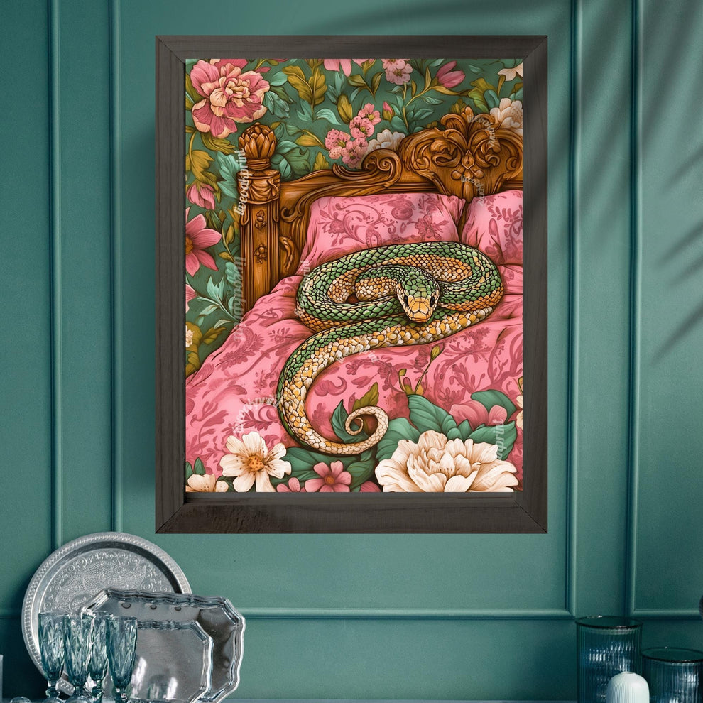 Snuggly Snake in a Vintage Bed - Cozy Snake Print - Snake Wall Art - Maximalist Bedroom Decor - Boho Snake Poster Reptile Decor