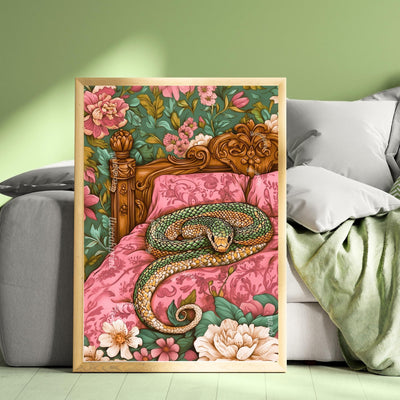 Snuggly Snake in a Vintage Bed - Cozy Snake Print - Snake Wall Art - Maximalist Bedroom Decor - Boho Snake Poster Reptile Decor