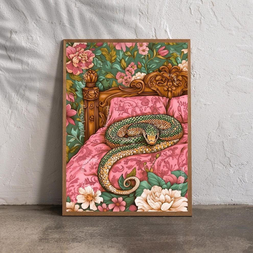 Snuggly Snake in a Vintage Bed - Cozy Snake Print - Snake Wall Art - Maximalist Bedroom Decor - Boho Snake Poster Reptile Decor