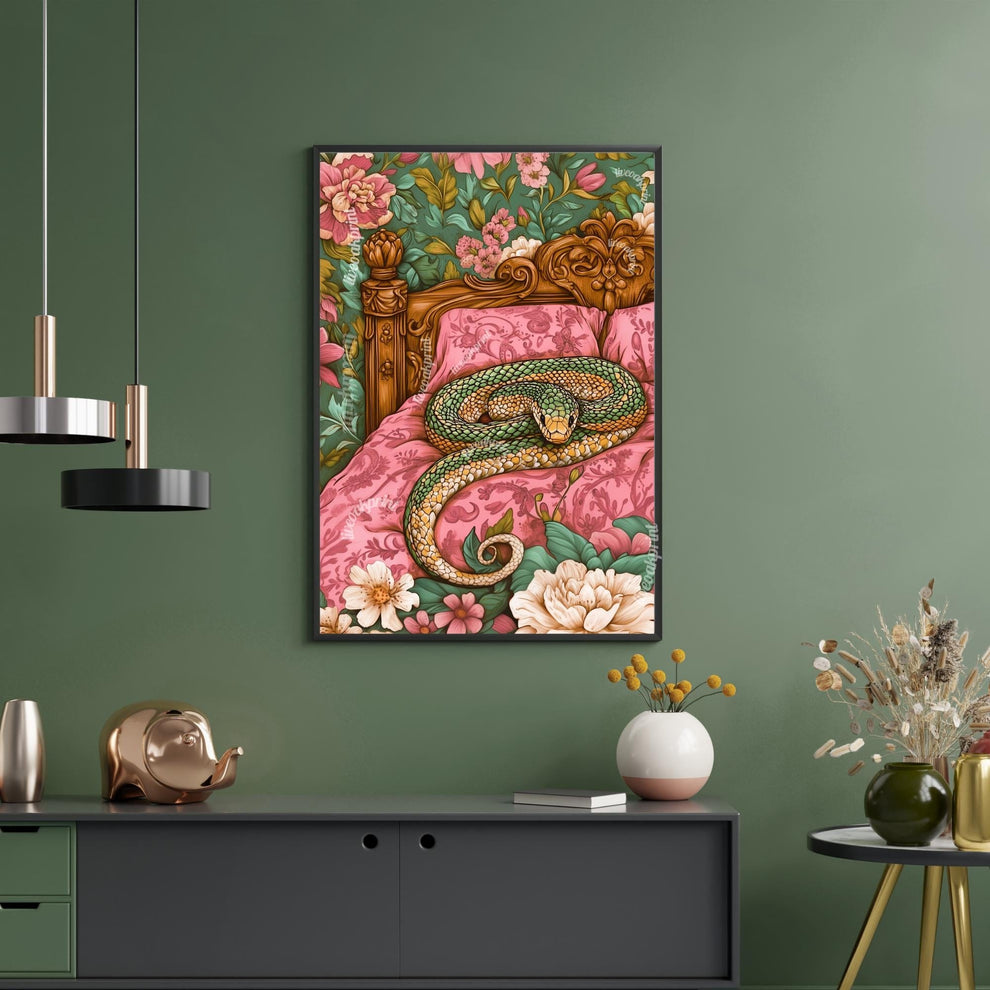 Snuggly Snake in a Vintage Bed - Cozy Snake Print - Snake Wall Art - Maximalist Bedroom Decor - Boho Snake Poster Reptile Decor
