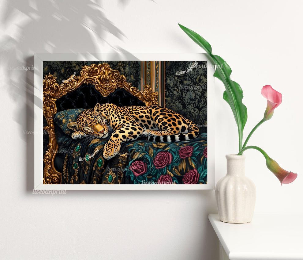 Moody Maximalist Leopard in a Vintage Bed - Whimsigoth Bedroom Art - Large Leopard Print - Gothic Bedroom Decor - Maximalist Bedroom Print