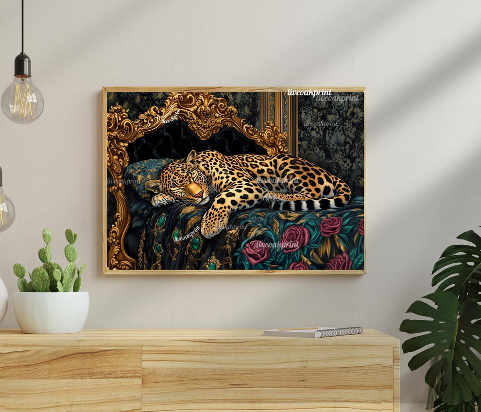 Moody Maximalist Leopard in a Vintage Bed - Whimsigoth Bedroom Art - Large Leopard Print - Gothic Bedroom Decor - Maximalist Bedroom Print