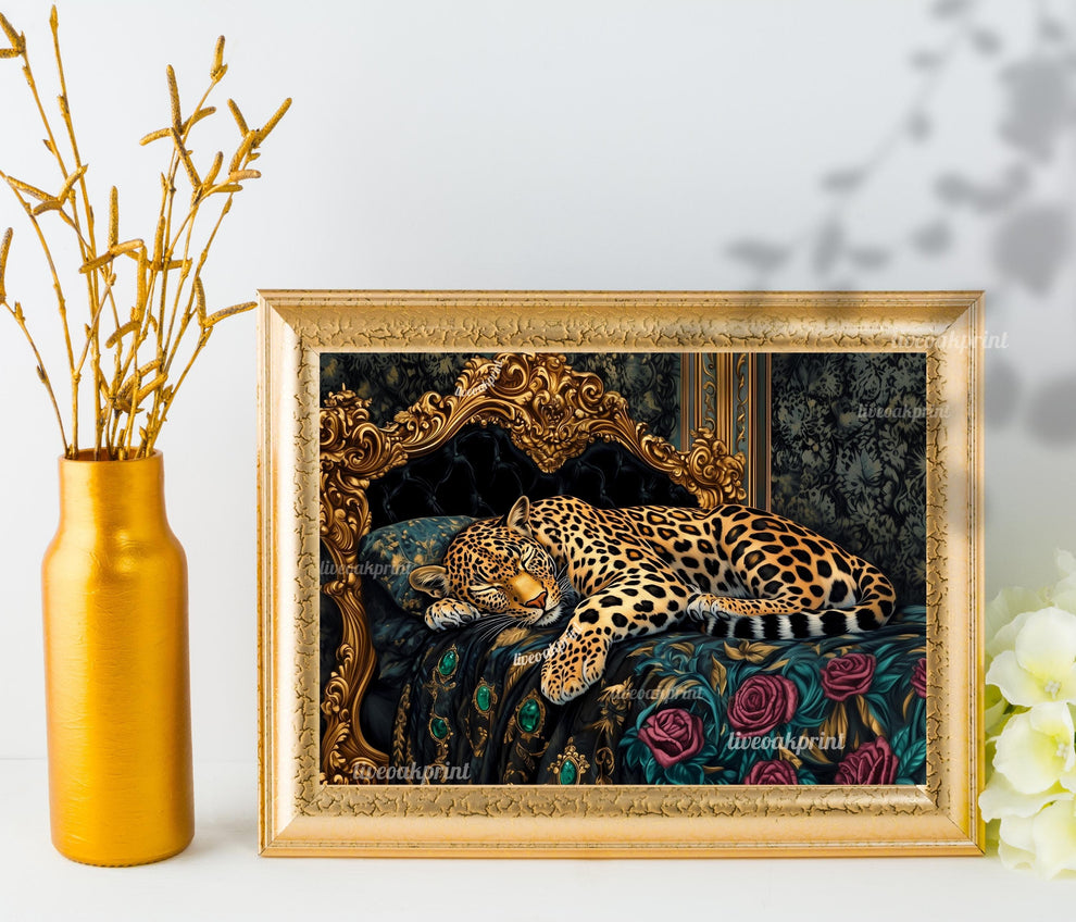 Moody Maximalist Leopard in a Vintage Bed - Whimsigoth Bedroom Art - Large Leopard Print - Gothic Bedroom Decor - Maximalist Bedroom Print