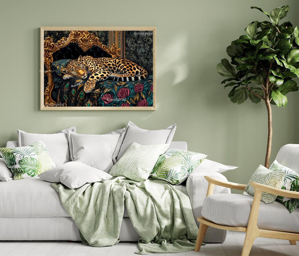 Moody Maximalist Leopard in a Vintage Bed - Whimsigoth Bedroom Art - Large Leopard Print - Gothic Bedroom Decor - Maximalist Bedroom Print