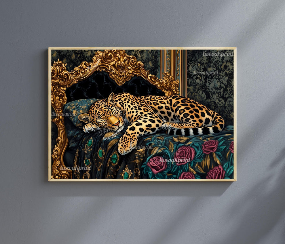 Moody Maximalist Leopard in a Vintage Bed - Whimsigoth Bedroom Art - Large Leopard Print - Gothic Bedroom Decor - Maximalist Bedroom Print