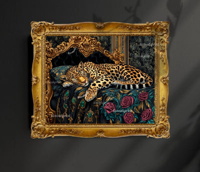 Moody Maximalist Leopard in a Vintage Bed - Whimsigoth Bedroom Art -  Large Leopard Print - Gothic Bedroom Decor - Maximalist Bedroom Print