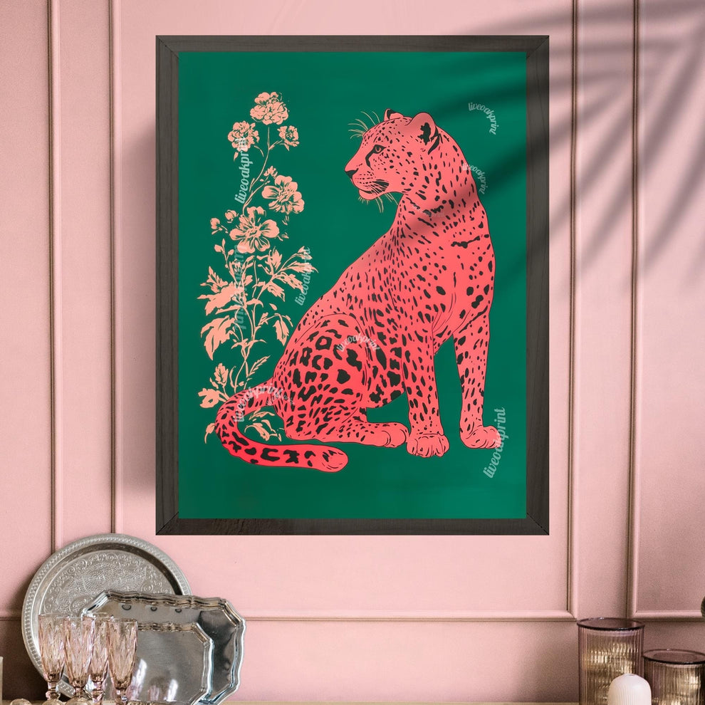 Pink Leopard on Emerald Green Wall Art