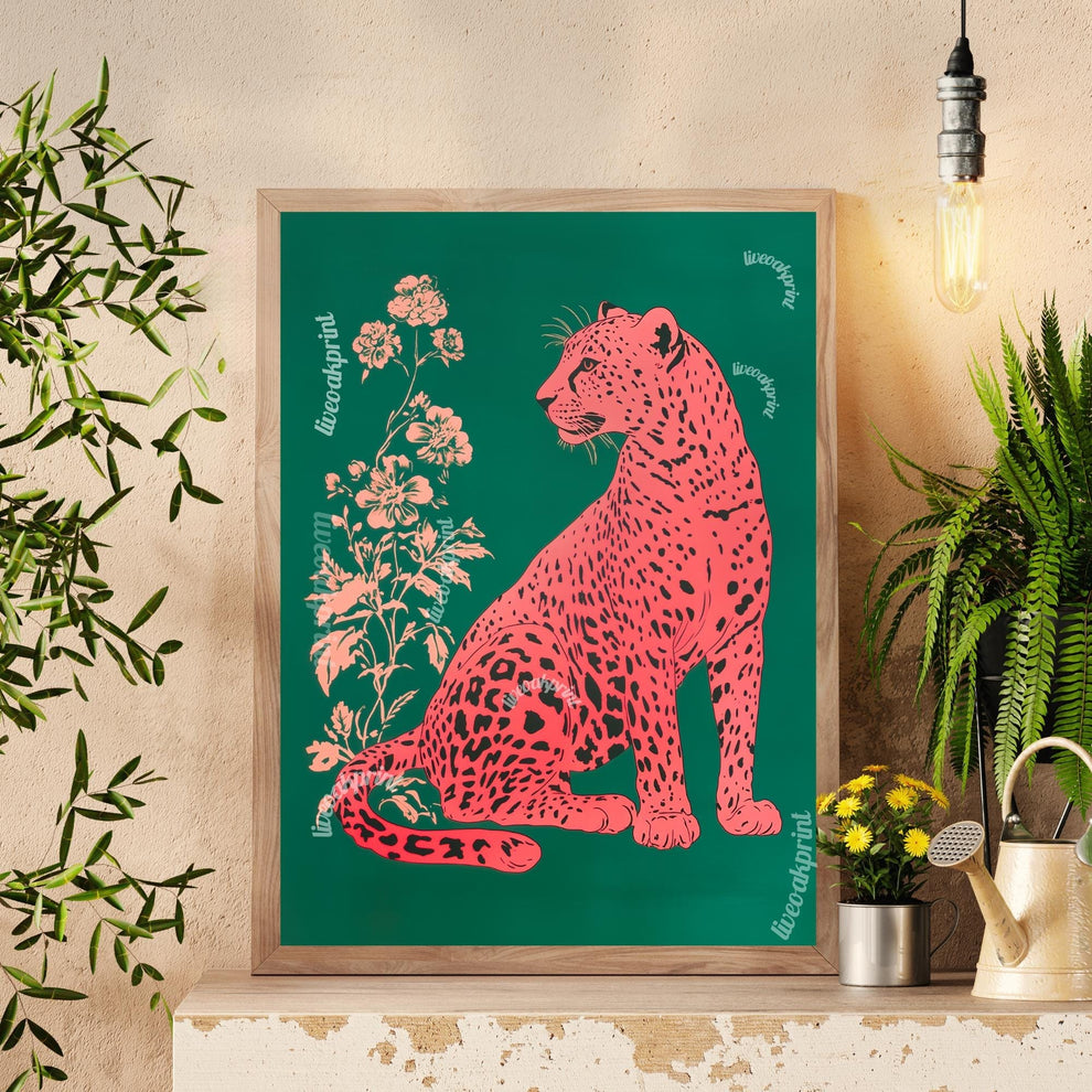 Pink Leopard on Emerald Green Wall Art