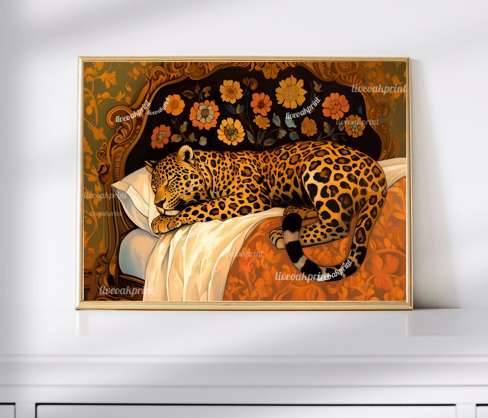 Terracotta Leopard Wall Art - Sleepy Leopard in Vintage Bed Print - Warm Burnt Orange Decor - Whimsical Animal Art - Boho Maximalist Decor