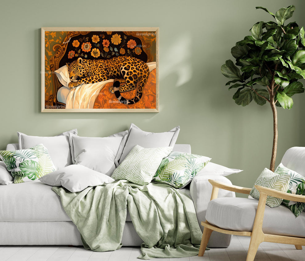 Terracotta Leopard Wall Art - Sleepy Leopard in Vintage Bed Print - Warm Burnt Orange Decor - Whimsical Animal Art - Boho Maximalist Decor