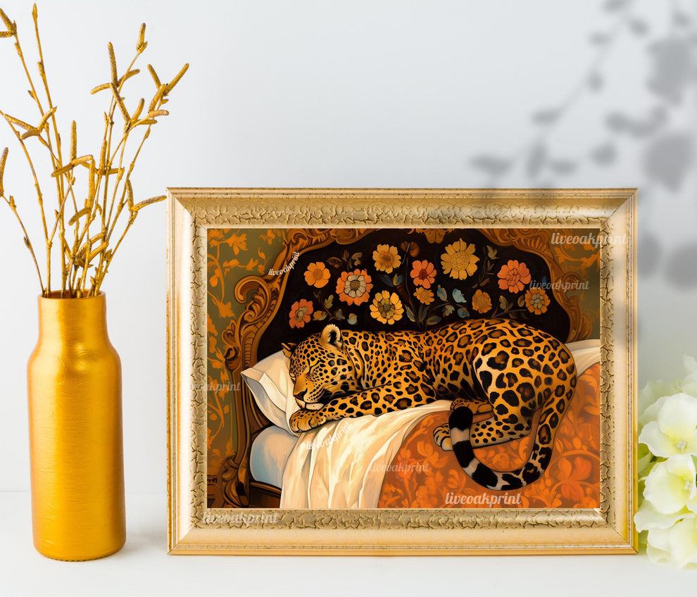 Terracotta Leopard Wall Art - Sleepy Leopard in Vintage Bed Print - Warm Burnt Orange Decor - Whimsical Animal Art - Boho Maximalist Decor