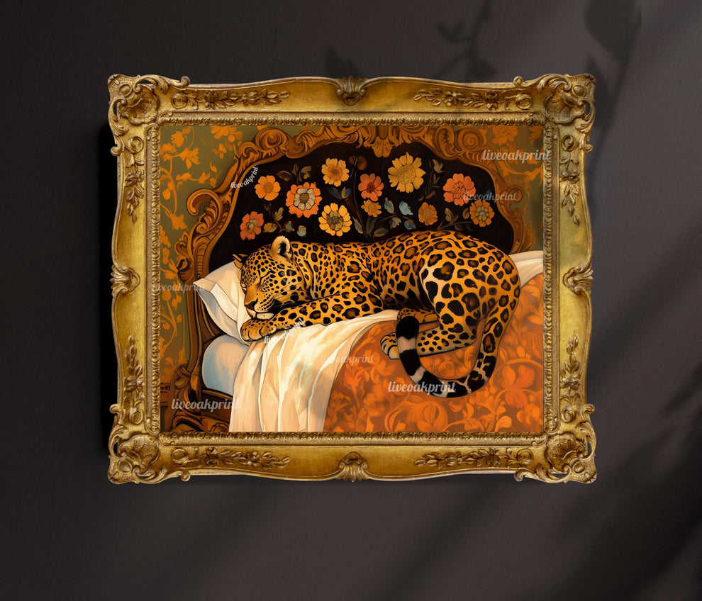 Terracotta Leopard Wall Art - Sleepy Leopard in Vintage Bed Print - Warm Burnt Orange Decor - Whimsical Animal Art - Boho Maximalist Decor