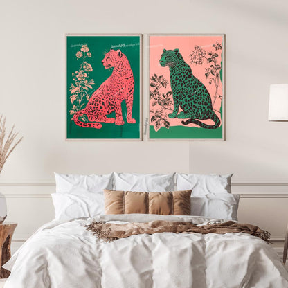 Emerald Leopard and Pink Leopard Art Set of Two Prints