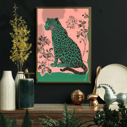 Emerald Leopard on Pink Wall Art