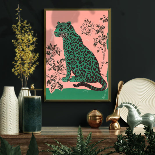 Emerald Leopard on Pink Wall Art
