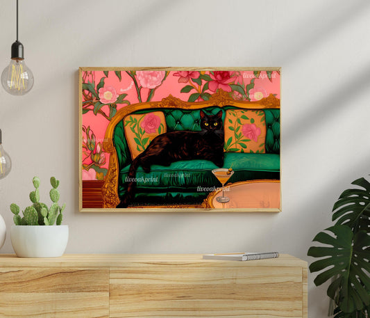 Black Cat with Martini Art Print