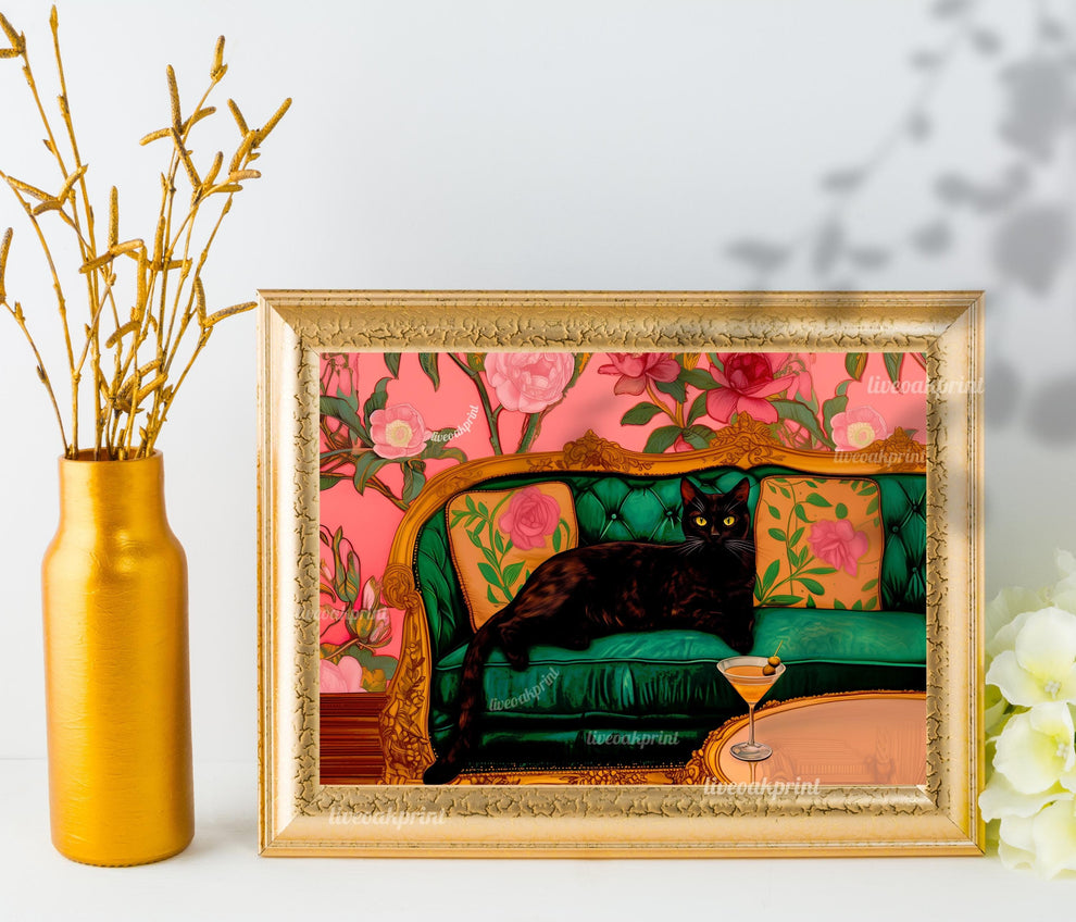 Black Cat with Martini Art Print