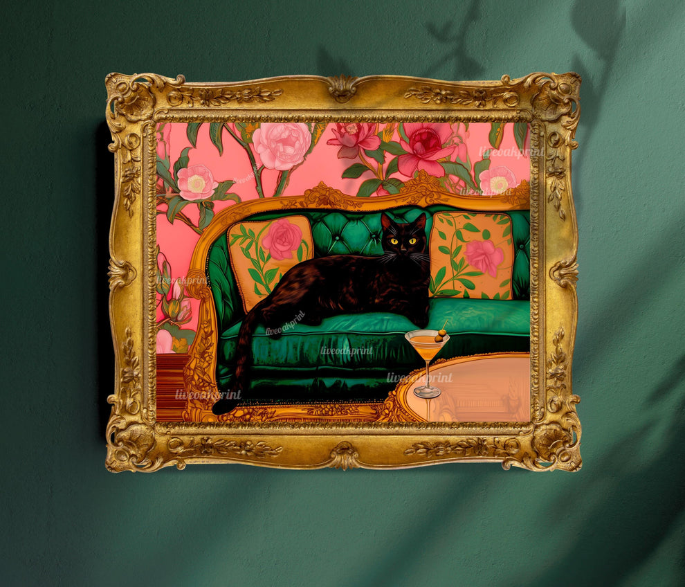 Black Cat with Martini Art Print