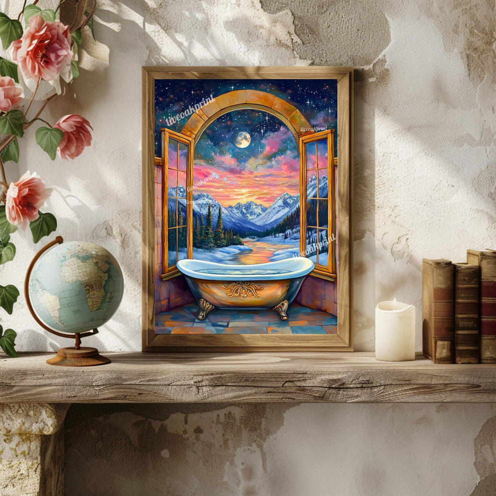 Fantasy Bathtub Print - Celestial Bathroom Wall Art - Moon and Stars Bathtub Decor - Maximalist Fantasy Art - Magical Sky and Moon Print