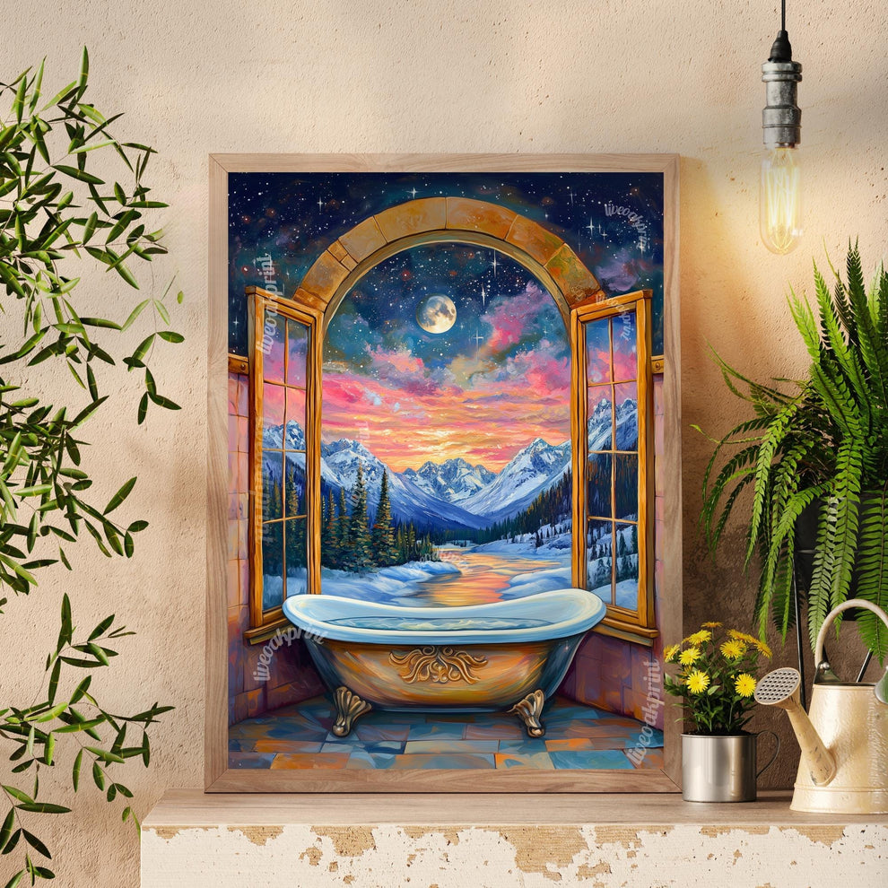 Fantasy Bathtub Print - Celestial Bathroom Wall Art - Moon and Stars Bathtub Decor - Maximalist Fantasy Art - Magical Sky and Moon Print
