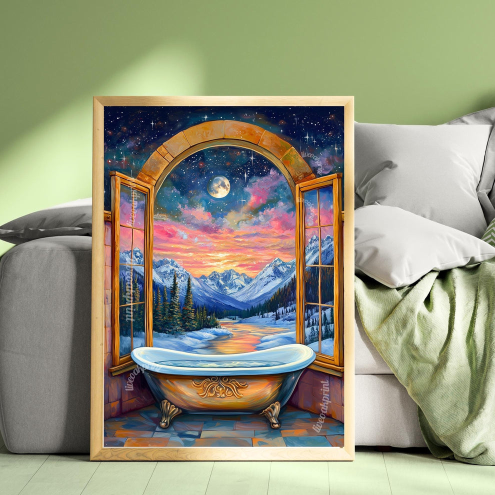 Fantasy Bathtub Print - Celestial Bathroom Wall Art - Moon and Stars Bathtub Decor - Maximalist Fantasy Art - Magical Sky and Moon Print