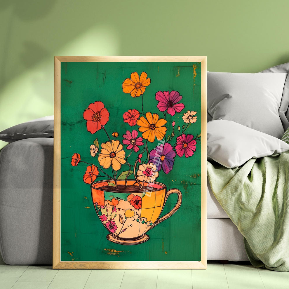 Emerald Green Coffee Cup and Flowers Print