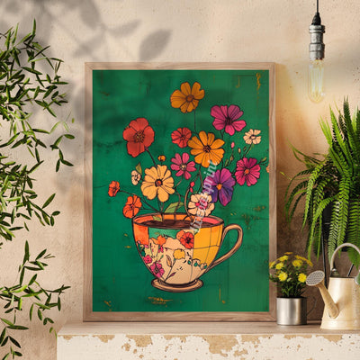 Emerald Green Coffee Cup and Flowers Print