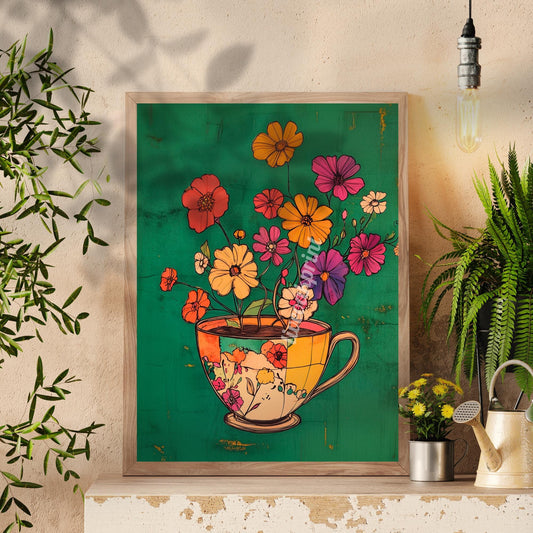 Emerald Green Coffee Cup and Flowers Print