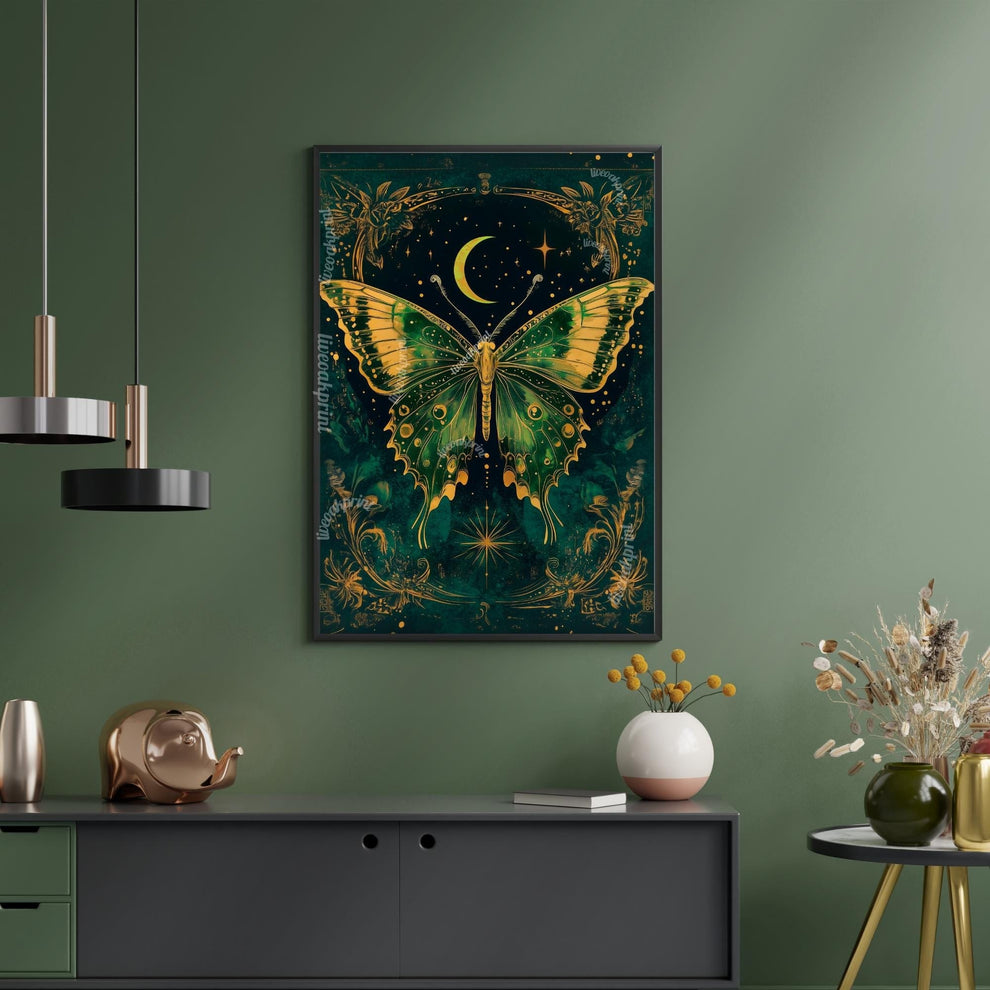 Mystical Emerald Green Vintage Butterfly Print