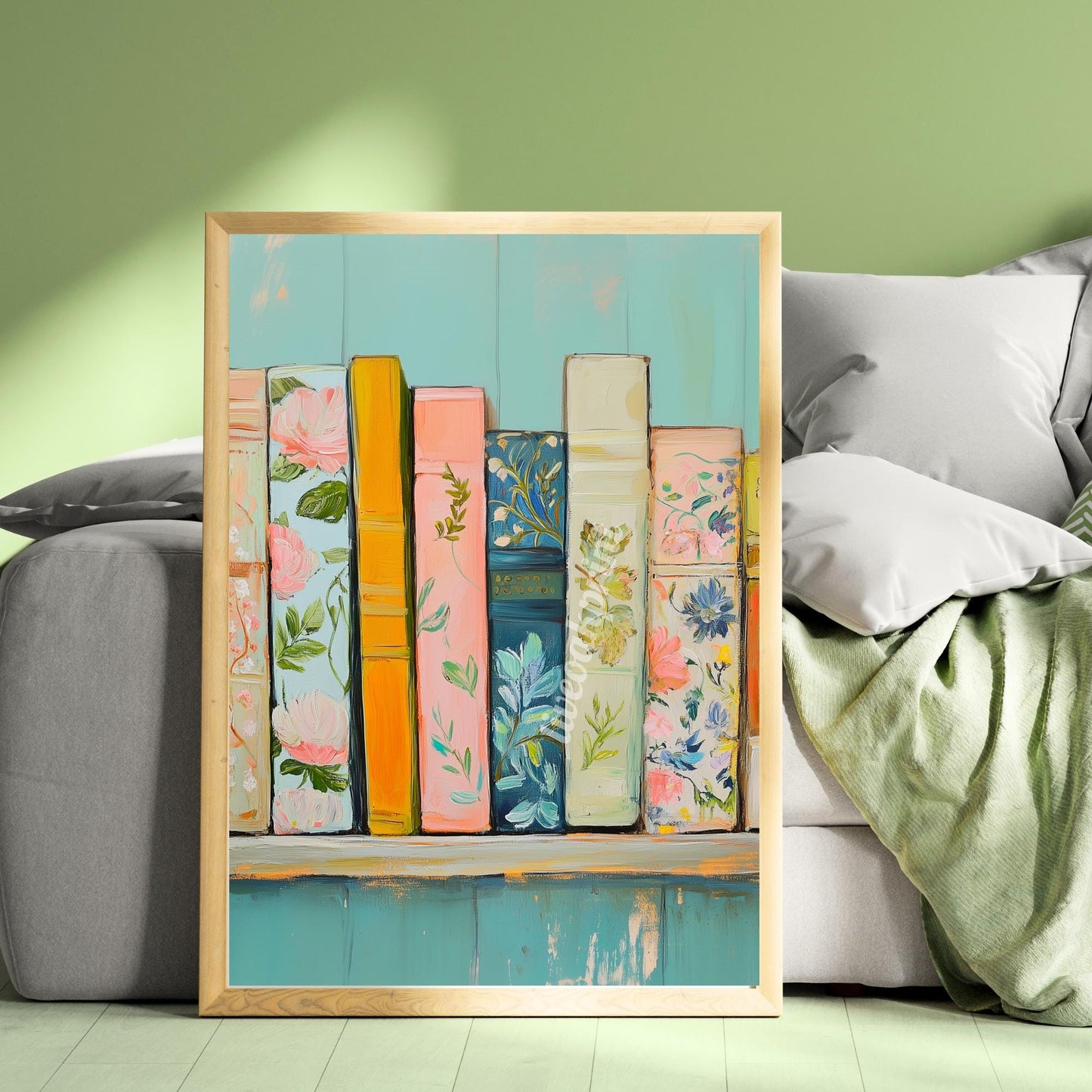 Pastel Bookshelf Print - Dreamy Book Lover Wall Art - Soft Blue and Pink Bookshelf Decor - Cozy Reading Nook Aesthetic