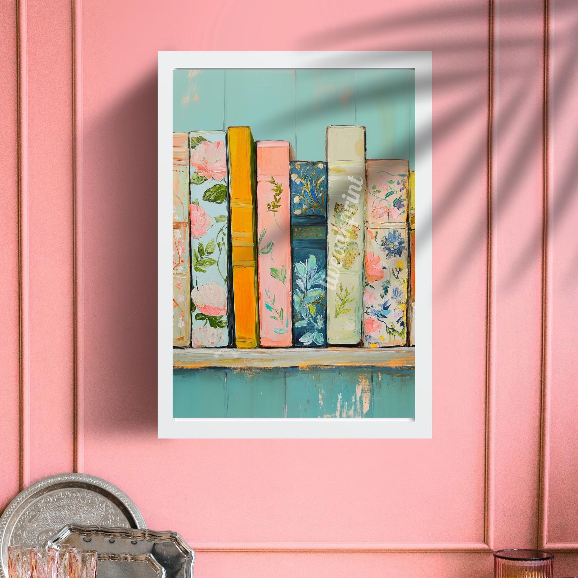 Pastel Bookshelf Print - Dreamy Book Lover Wall Art - Soft Blue and Pink Bookshelf Decor - Cozy Reading Nook Aesthetic