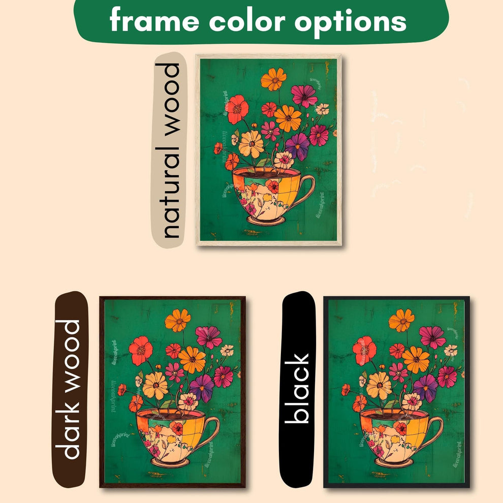 Emerald Green Coffee Cup and Flowers Print