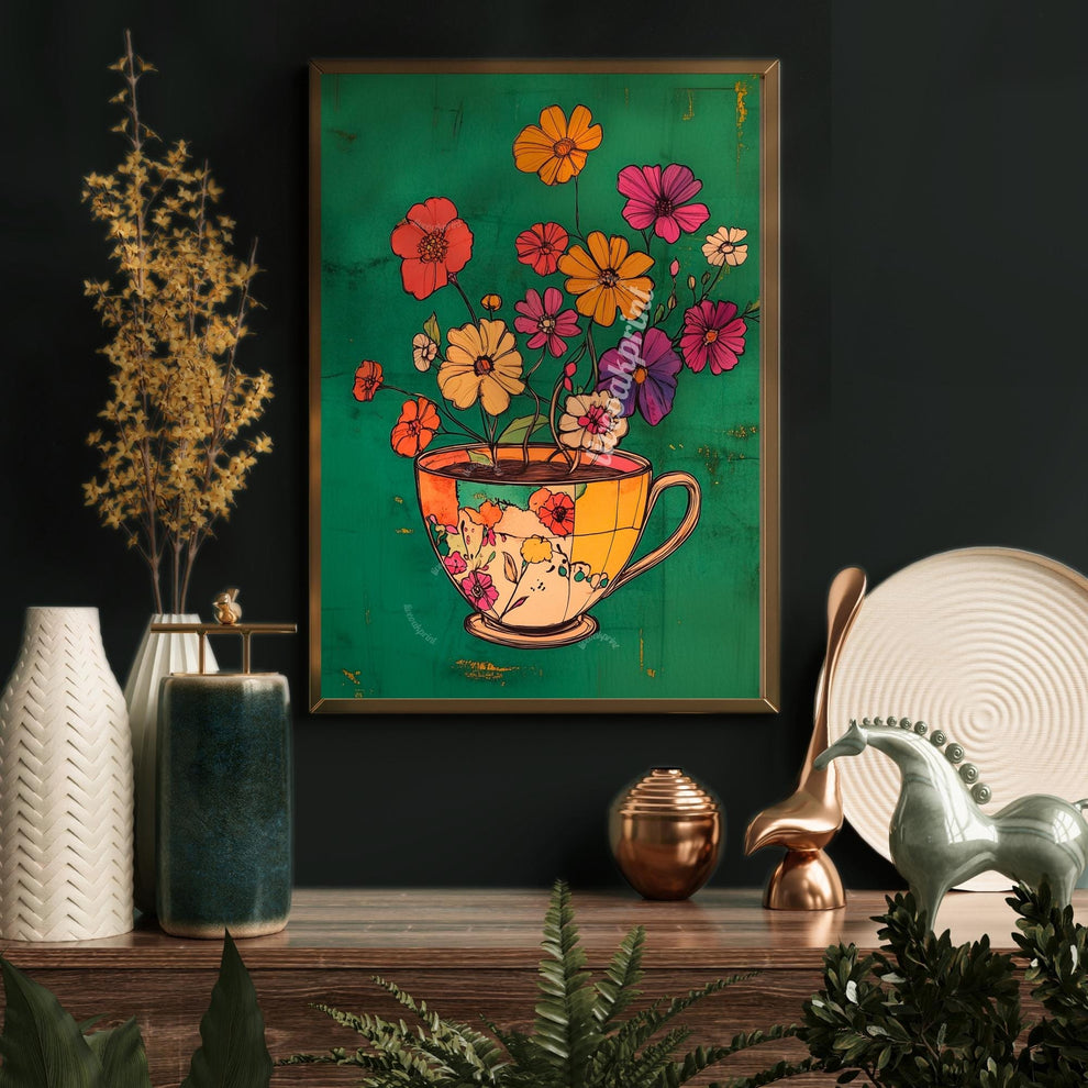 Emerald Green Coffee Cup and Flowers Print