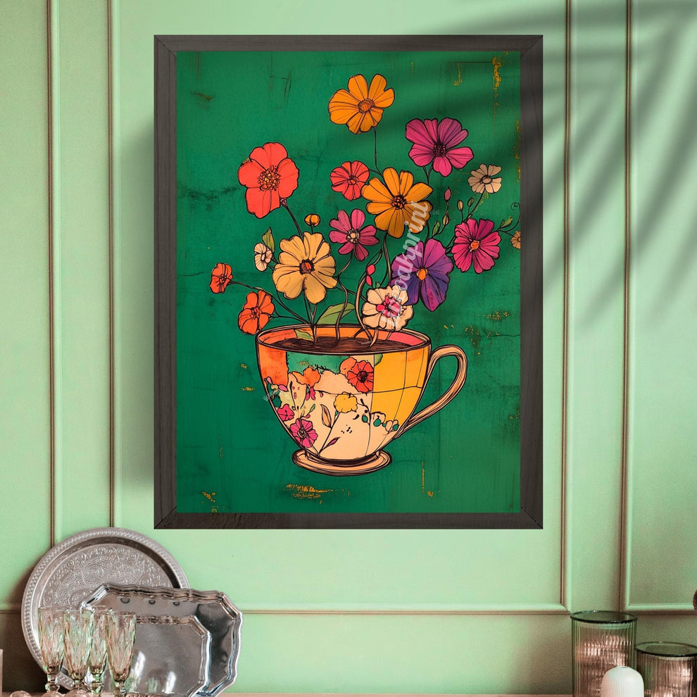 Emerald Green Coffee Cup and Flowers Print