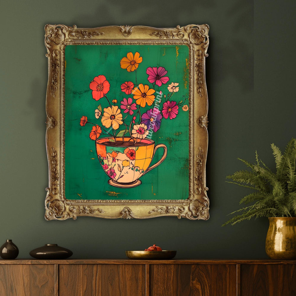 Emerald Green Coffee Cup and Flowers Print