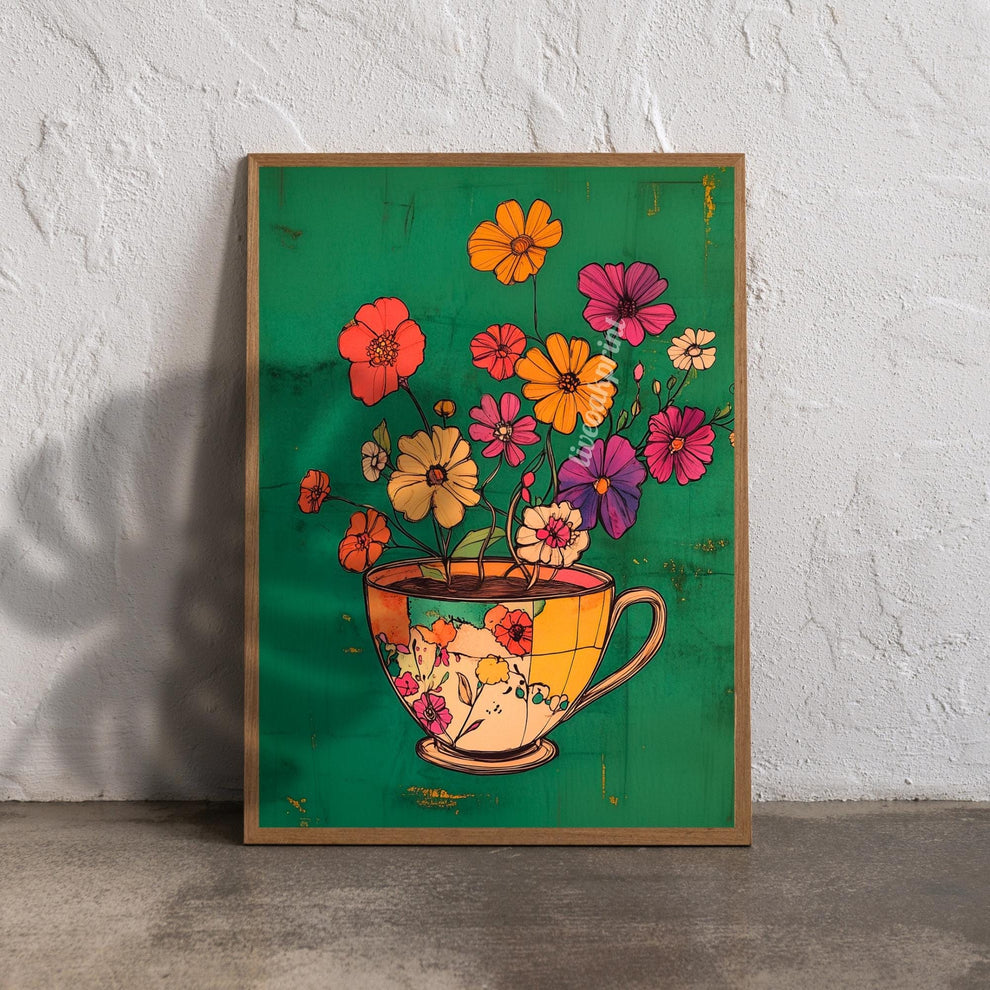 Emerald Green Coffee Cup and Flowers Print