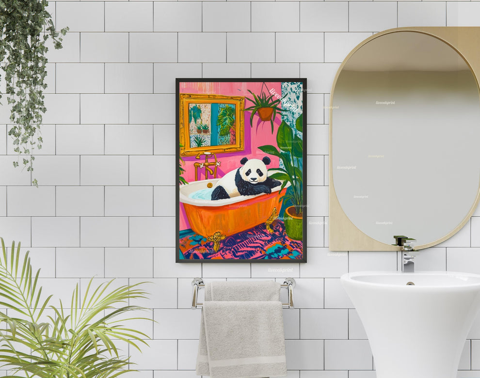 Maximalist Panda in a Vintage Bathroom Print – Colorful Eclectic Wall Art – Playful Panda Decor – Pink, Orange, Green, and Blue