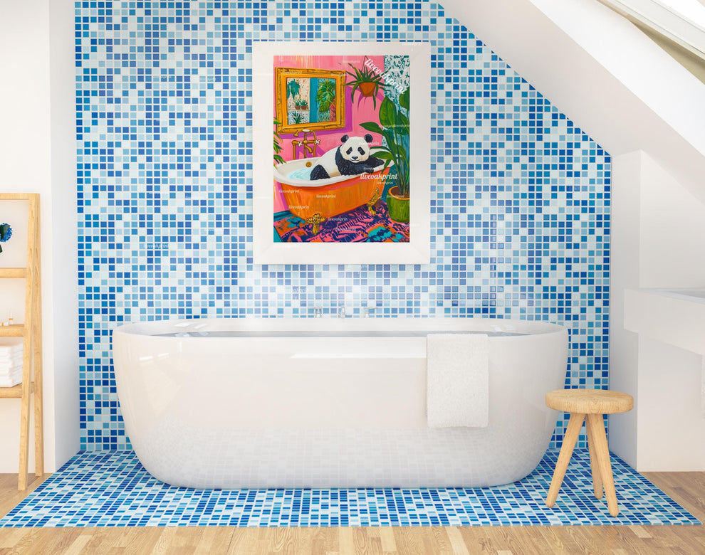 Maximalist Panda in a Vintage Bathroom Print – Colorful Eclectic Wall Art – Playful Panda Decor – Pink, Orange, Green, and Blue