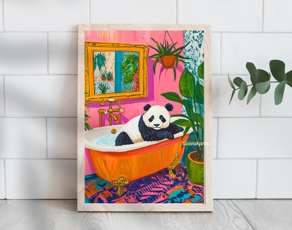 Maximalist Panda in a Vintage Bathroom Print – Colorful Eclectic Wall Art – Playful Panda Decor – Pink, Orange, Green, and Blue