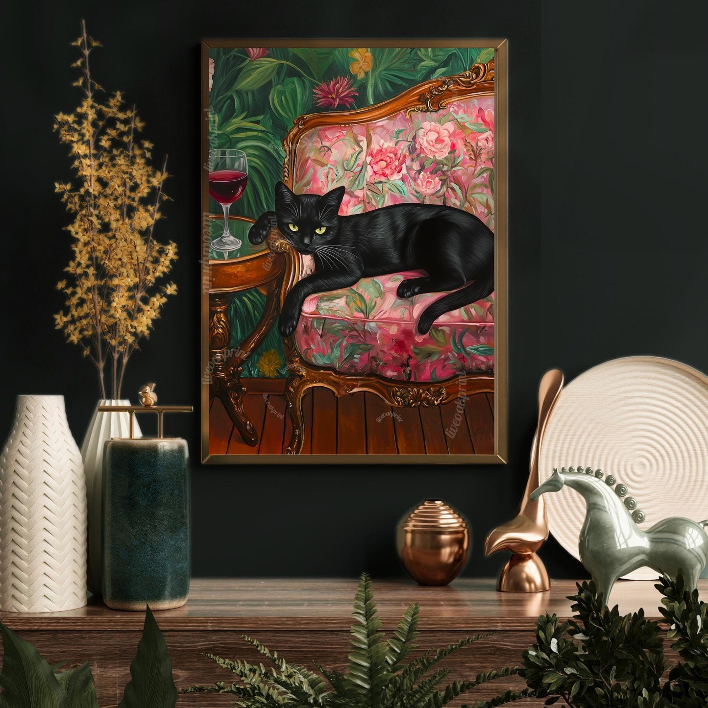 Black Cat with Red Wine Print