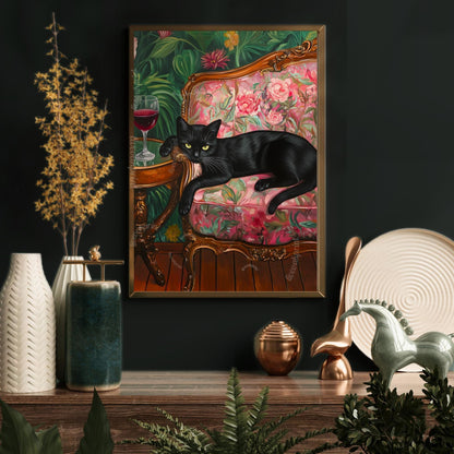 Black Cat with Red Wine Print