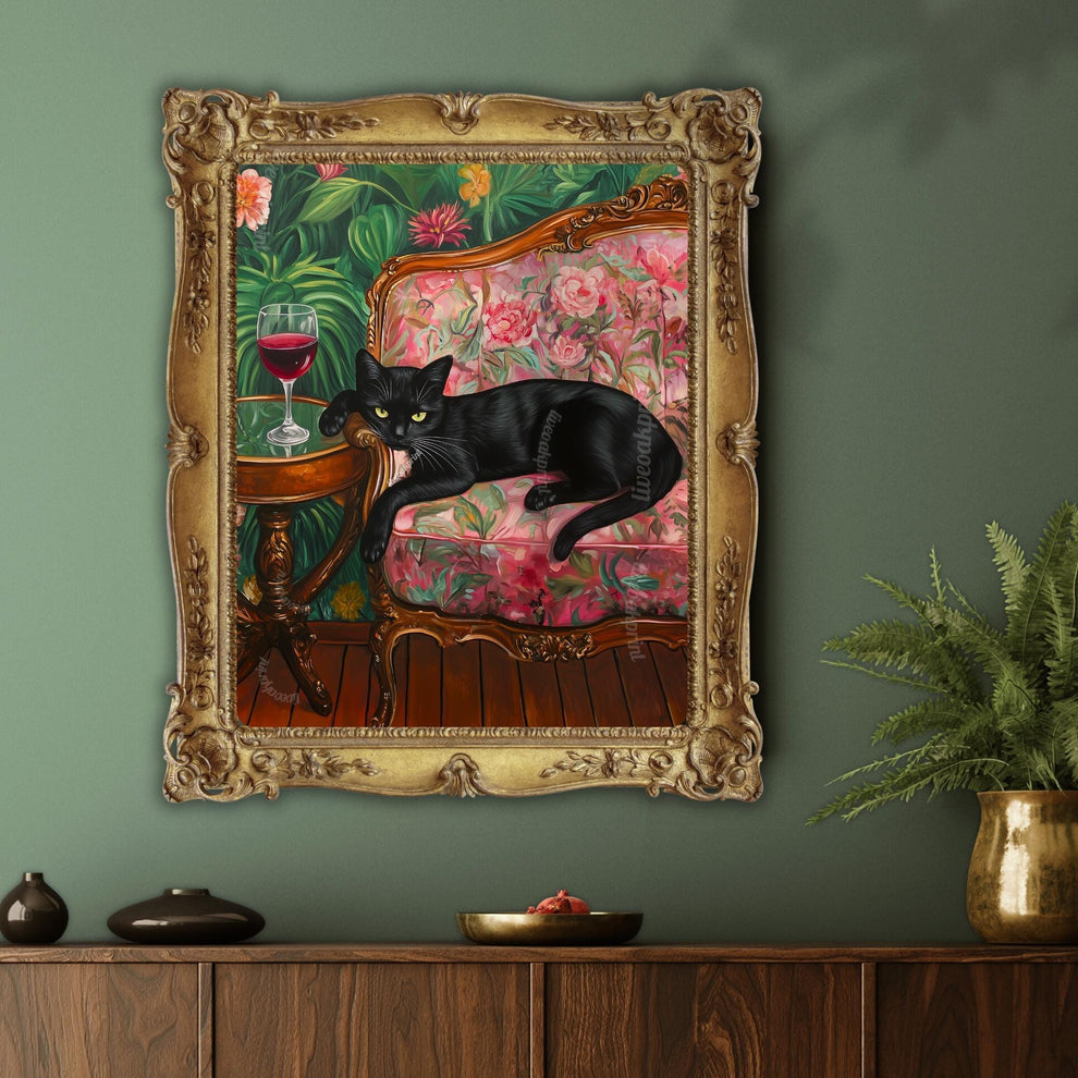Black Cat with Red Wine Print