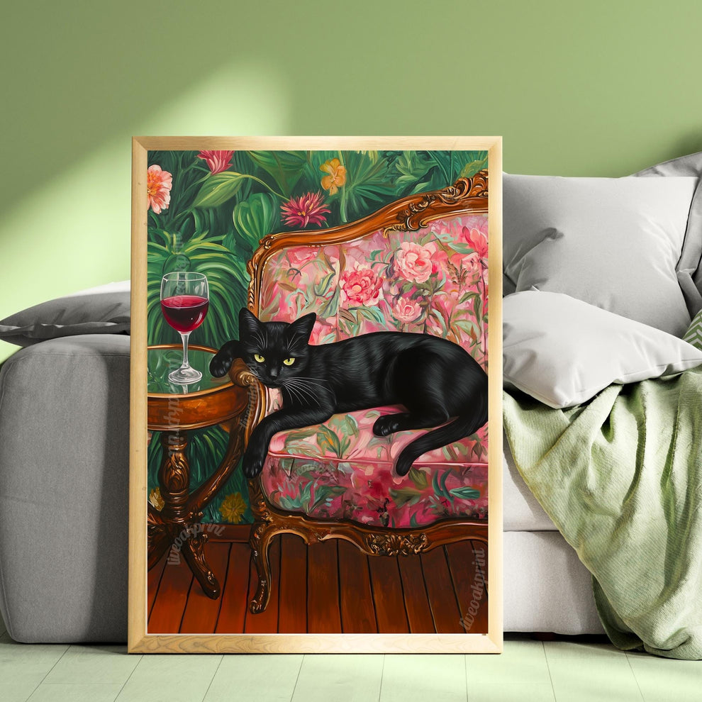 Black Cat with Red Wine Print